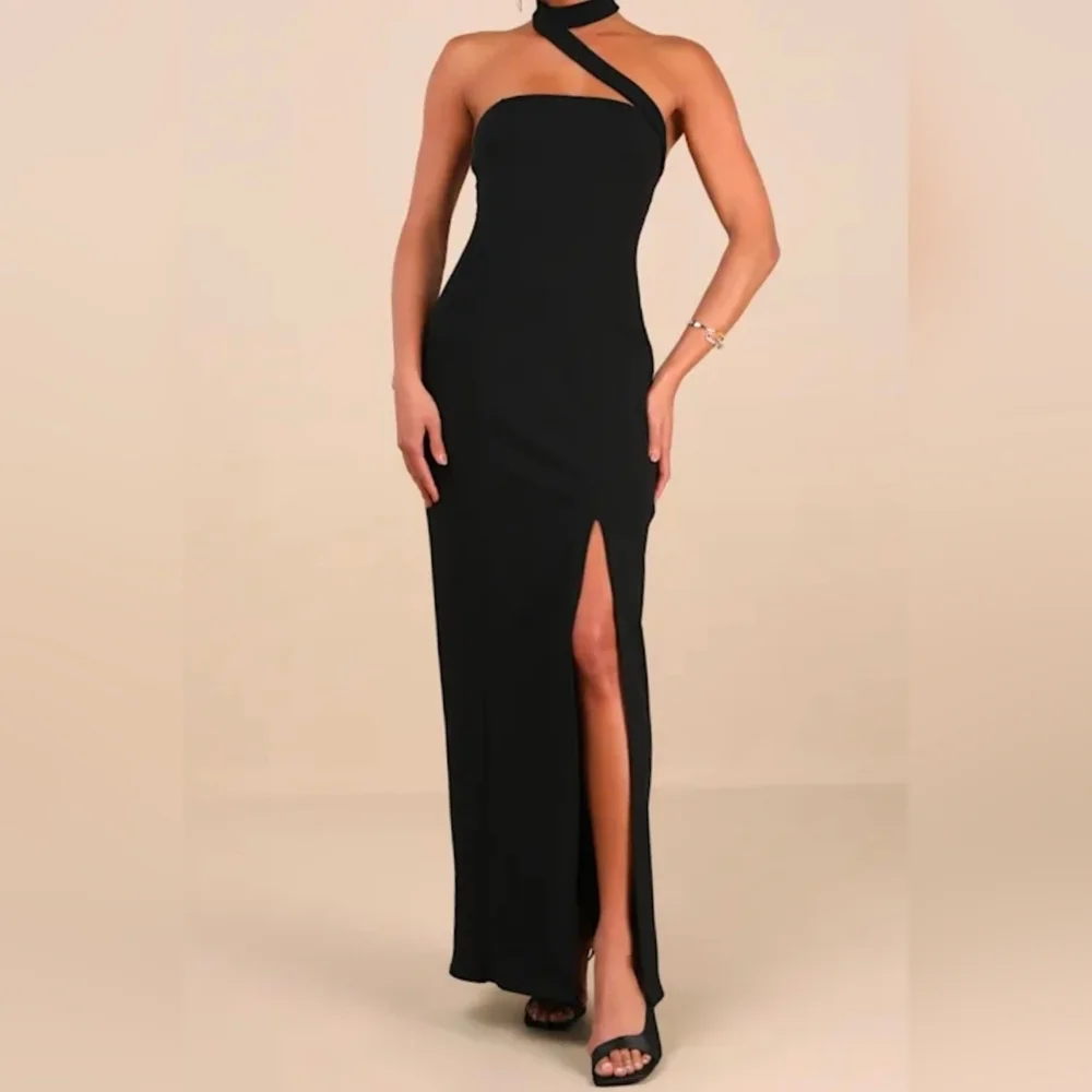 Lulus S Seraphina Black Asymmetrical Column Maxi Dress, Size S